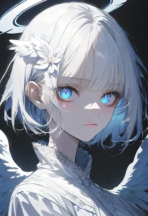 face only,angel Girl,midnight,Negative,silver hair,Blue pupil,short hair, black background,halo,face focus,