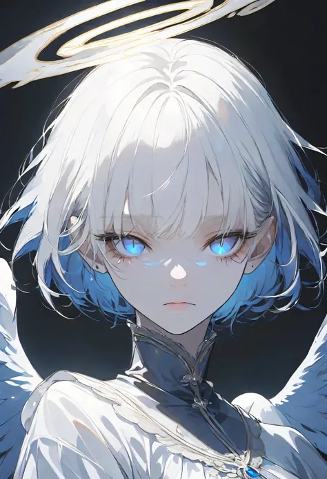 face only,angel Girl,midnight,Negative,silver hair,Blue pupil,short hair, black background,halo,face focus,