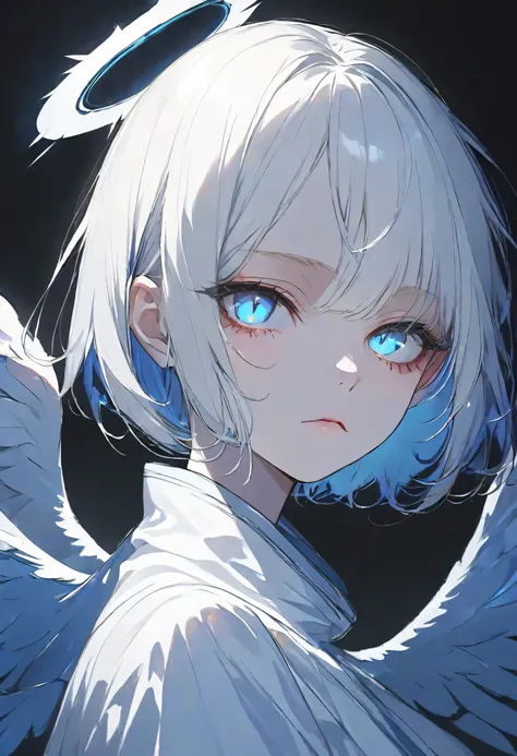 angel Girl,midnight,Negative,silver hair,Blue pupil,short hair, black background,halo,face focus,