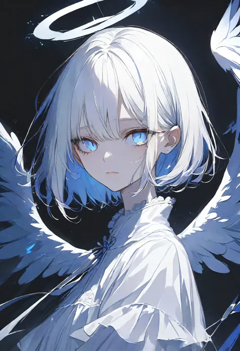 angel Girl,midnight,Negative,silver hair,Blue pupil,short hair, black background,halo,