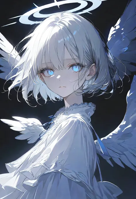 angel Girl,midnight,Negative,silver hair,Blue pupil,short hair, black background,halo,