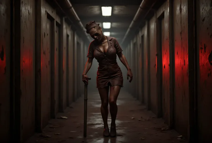 **Prompt:**     Create a hyperrealistic digital artwork capturing a horrific nightmarish scene set in a dark rusty iron corridor. The composition should feature a zombie-like female bloody nurse with a perfectly busty figure, dressed in a tattered nurse un...