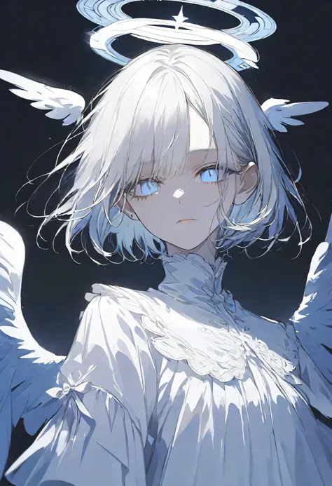 angel Girl,midnight,Negative,silver hair,Blue pupil,short hair, black background,halo,angel wings,