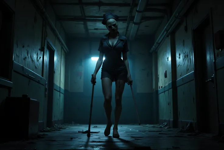**Prompt:**     Create a hyperrealistic digital artwork capturing a horrific nighttime scene set in a nightmarish hospital corridor. Mysterious effect. The composition should feature a zombie-like female nurse with a perfectly busty figure, dressed in a ta...