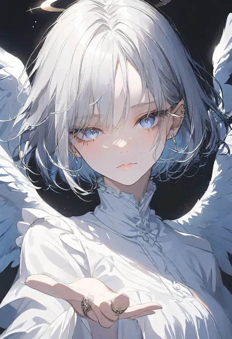 Angel girl, Silver Hair,blue eyes,black background,angel ring,White Wings,short hair,