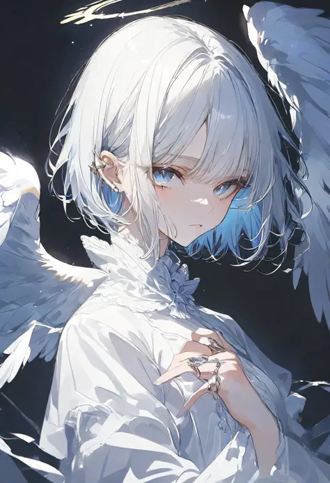 Angel girl, Silver Hair,blue eyes,black background,angel ring,White Wings,short hair,