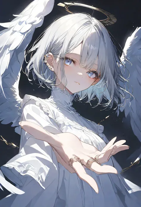 Angel girl, Silver Hair,blue eyes,black background,angel ring,White Wings,short hair,