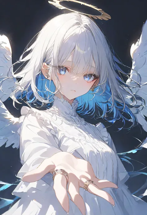 Angel girl, Silver Hair,blue eyes,black background,angel ring,White Wings,
