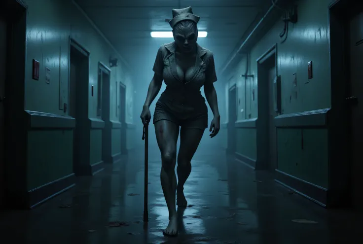 **Prompt:**     Create a hyperrealistic digital artwork capturing a horrific nighttime scene set in a dimly lit hospital corridor. The composition should feature a zombie-like female nurse with a perfectly busty figure, dressed in a tattered nurse uniform,...