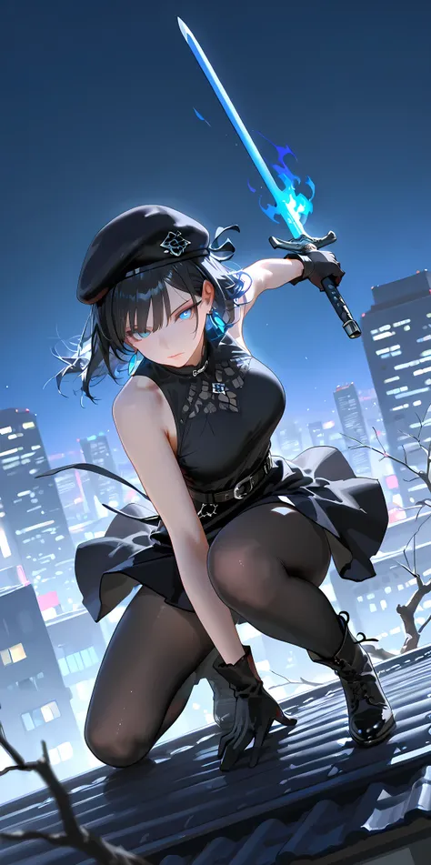 Masterpiece, newest, vibrant, very aesthetic, high contrast, mature woman, sanhua , light eyes, shirt, gloves, bare shoulders, pantyhose, earrings, sleeveless, black gloves, belt, black skirt, black shirt, sleeveless shirt, beret, full body, expressionless...