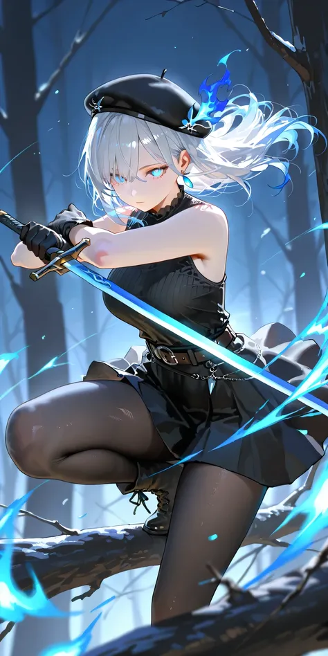 Masterpiece, newest, vibrant, very aesthetic, high contrast, mature woman, sanhua , light eyes, shirt, gloves, bare shoulders, pantyhose, earrings, sleeveless, black gloves, belt, black skirt, black shirt, sleeveless shirt, beret, full body, expressionless...
