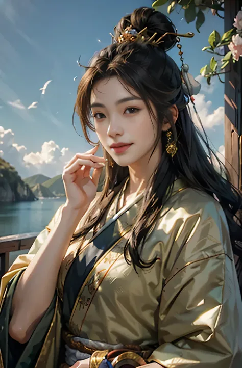 Best Quality,High quality,hight resolution,hyper realistic photography, Raw photography, top-quality、God of Fortune、Dressed in a black robe、Buddha in full bloom with a smile、symbol of fertility and prosperity、long beard on round face、hold a golden gavel、ha...