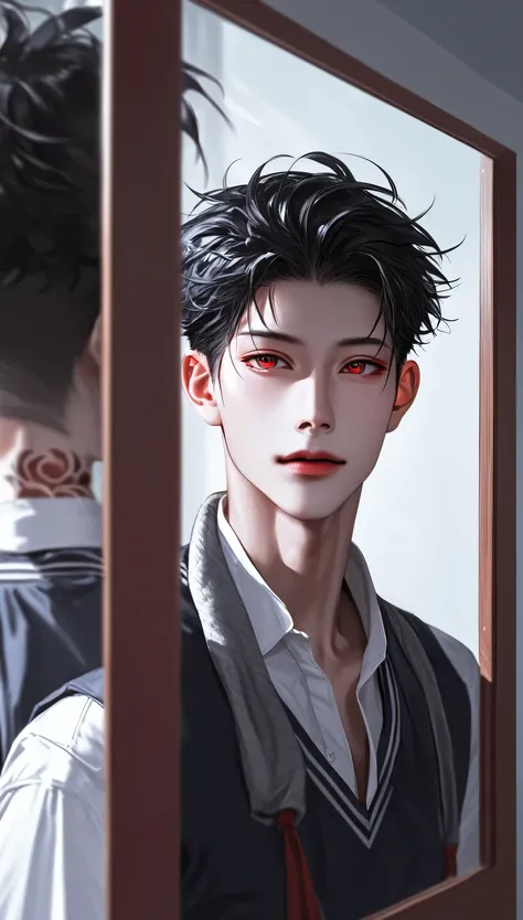 a boy,School Classroom Background,Stand Up Straight,红色hair,Korean comic style,hair, red eyes,Young and energetic, Good Condition Korean School Uniform Gray School Uniform, Strong , Very handsome, Smooth skin , Very handsome脸瓜子脸,Tattoo,wet hairstyle ,charm...