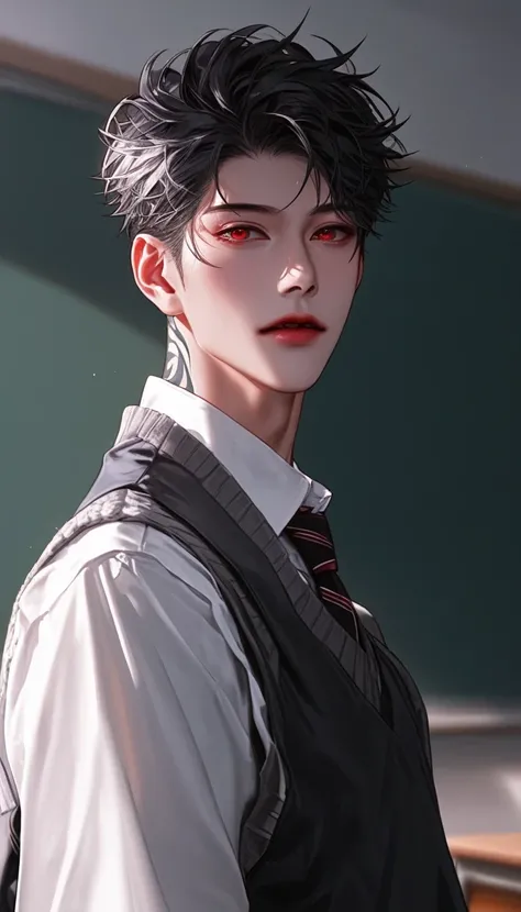 a boy,School Classroom Background,Stand Up Straight,红色hair,Korean comic style,hair, red eyes,Young and energetic, Good Condition Korean School Uniform Gray School Uniform, Strong , Very handsome, Smooth skin , Very handsome脸瓜子脸,Tattoo,wet hairstyle ,charm...