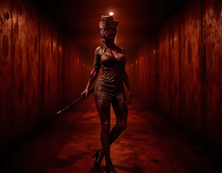 **Prompt:** Create a hyperrealistic digital artwork depicting a chilling nightmarish vision inside a dark, rust-covered iron corridor. The focal point of the composition features a zombie-like curvy female nurse, her blood-stained uniform tattered and haun...