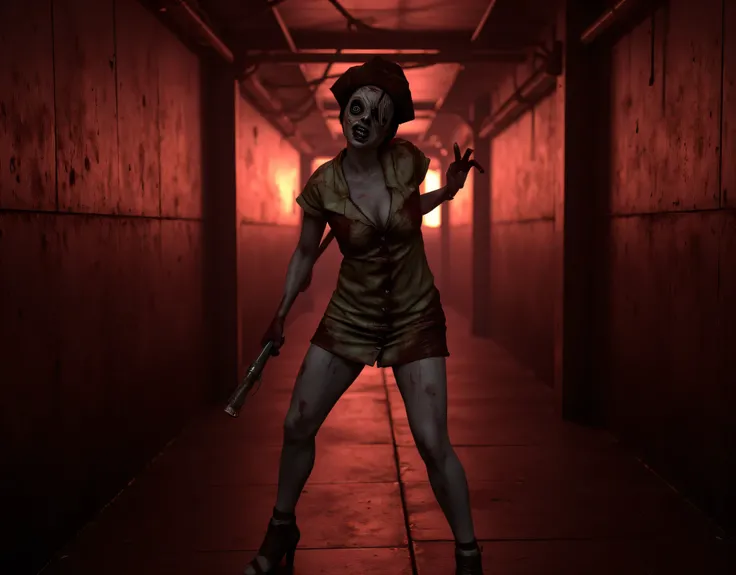 **Prompt:** Create a hyperrealistic digital artwork depicting a chilling nightmarish vision inside a dark, rust-covered iron corridor. The focal point of the composition features a zombie-like curvy female nurse, her blood-stained uniform tattered and haun...