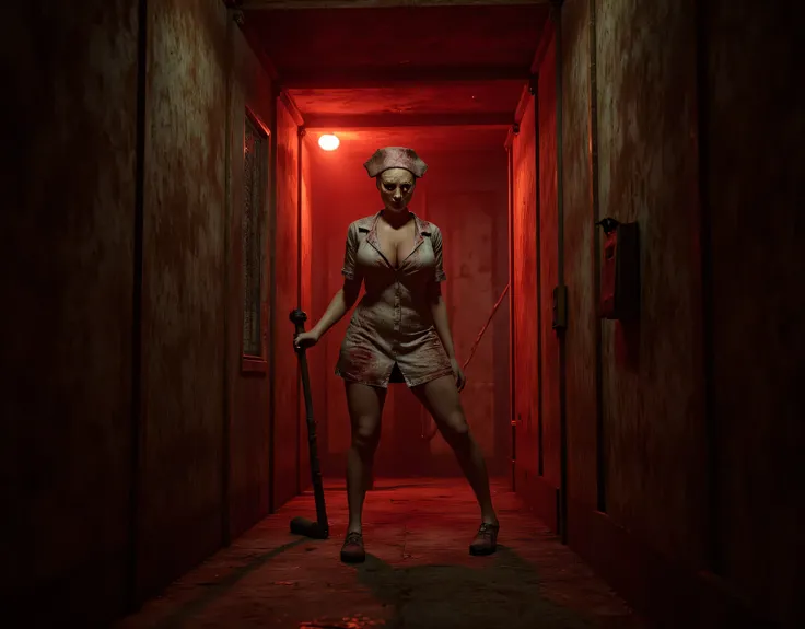 **Prompt:** Create a hyperrealistic digital artwork depicting a chilling nightmarish vision inside a dark, rust-covered iron corridor. The focal point of the composition features a zombie-like curvy female nurse, her blood-stained uniform tattered and haun...