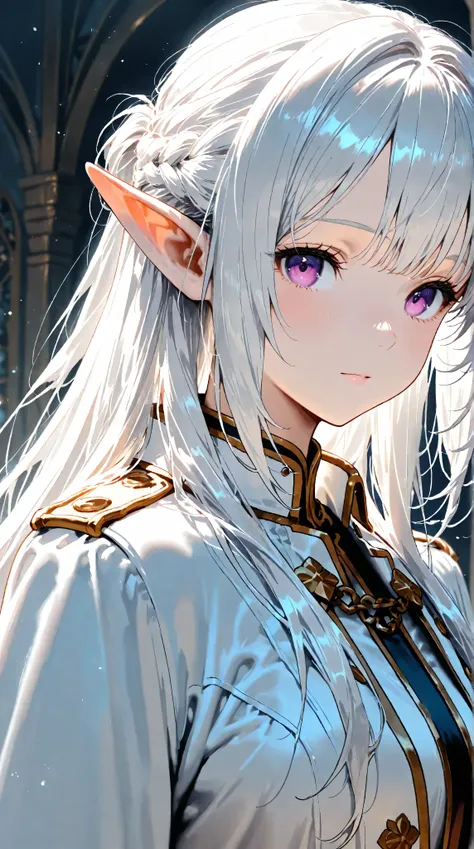 Solo, female, beautiful, medium platinum hair with bangs, half up half down hair, purple eyes, white coat, D&D, elf, mediaval