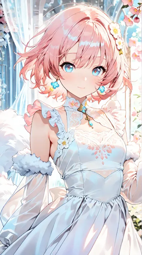The Goddess of Healing Smiles at You. The surroundings are white、Background design with floral motif.Schneider Pastel Ink Details, Soft and wonderful, fluffy, (Very nice and beautiful), (Perfect detail)、(pastel colour),Soft texture:1.2.(masterpiece, Highes...