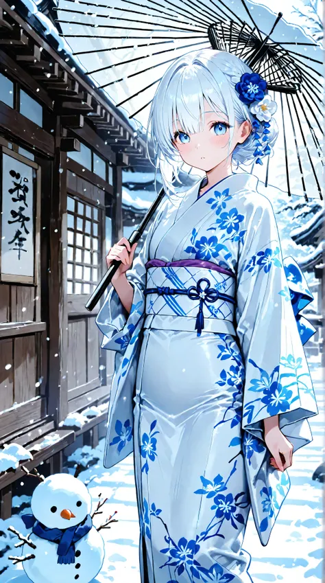 A woman with pure white hair wearing a white yukata and holding a white Japanese umbrella、Heavy snowfall Japanese village night background、Snow Woman、Ultra high definition、Snow falling scene、White belt