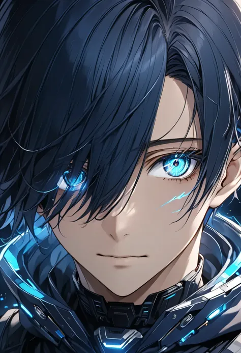 cybernetical eye, android young man, eye trail, Eyes that shine blue, blue afterglow in the eyes,