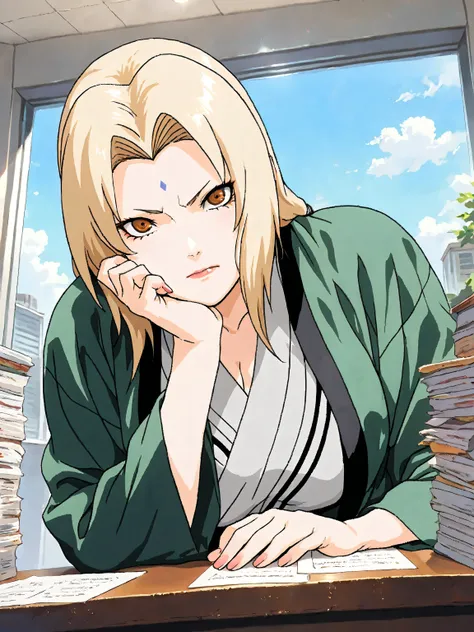 1girl, solo, tsunade, beautiful woman, mature woman, green haori, brown eyes, highly detailed eyes, expressive eyes, natural eye shape, iris with visible details, anatomically correct, super detailed, high details, intricate details, accurate, dynamic angl...