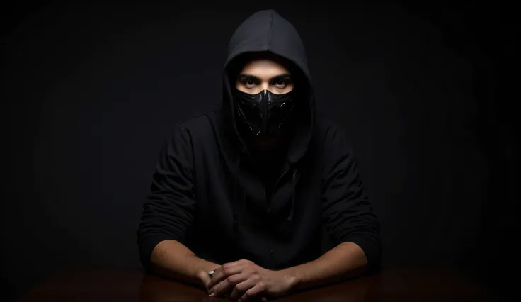 24-year-old Brazilian male with brown eyes, wearing a black long-sleeved blouse with a hood on his head, wearing a black Sub-Zero style airsoft mask mask, with a mysterious and imposing look. Sitting at a table, in a dark and mysterious Studio. front view,...