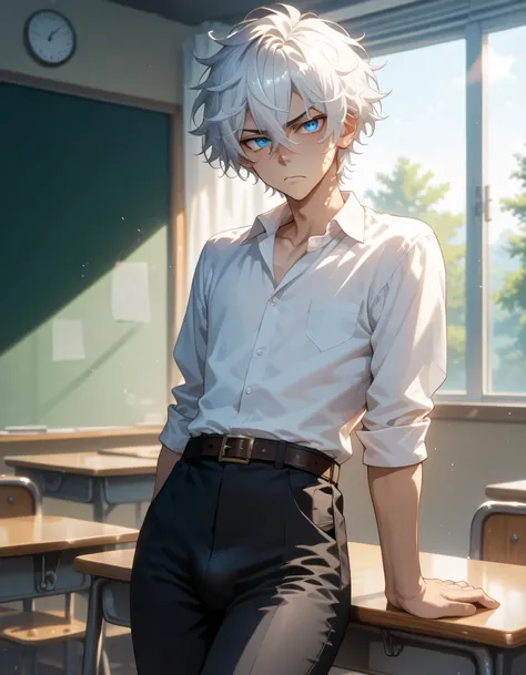 adult, male, omega male, cute, white hair, hair between eyes, short hair, messy hair, silvery blue eyes, tall height, light curvy thighs, light curvy hips, thin waists, flat chest, small ass, slim body, skinny, detailed eyes, detailed face, detailed body, ...