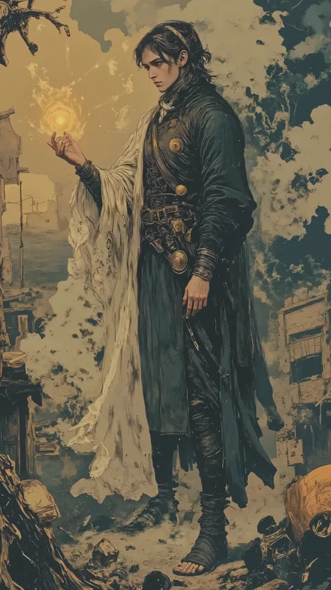 A tall man with long wavy hair, sem barba, wears a black kimono made of light, flowing fabric with subtle gold patterns on the sleeves and bottom hem. About the kimono, he wears a half-beige white cloak, body attached by a half-moon-shaped metallic brooch....