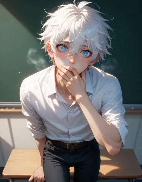 adult, male, omega male, cute, white hair, hair between eyes, short hair, messy hair, silvery blue eyes, tall height, light curvy thighs, light curvy hips, thin waists, flat chest, small ass, slim body, skinny, detailed eyes, detailed face, detailed body, ...