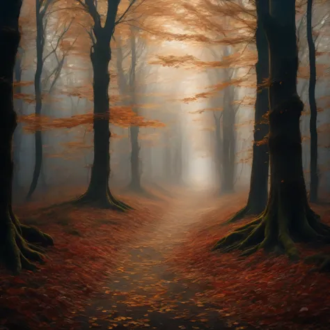 golden hour light filtering through tall autumn trees, long soft shadows stretching across a quiet forest path, rich fall foliage in orange, red and gold, soft breeze gently moving fallen leaves and drifting autumn leaves through the air, gentle mist float...