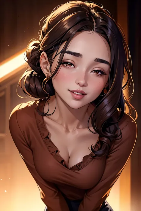 Amazing portrait of a sexy woman with warm brown eyes and long dark hair styled in a professional yet approachable updo with a seductive smile, having a healthy, glowing complexion and a slender, petite build, wearing a colorful blouse and slacks, lips par...