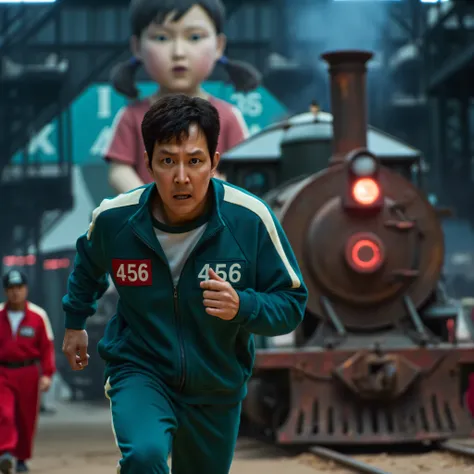 "Seong Gi-hun (Player 456) is sprinting for his life, terror in his eyes, sweat and dirt on his face, wearing a worn-out green tracksuit (Badge: 456). Behind him, a rusted, blood-stained train barrels toward him at full speed, its red headlights glowing om...