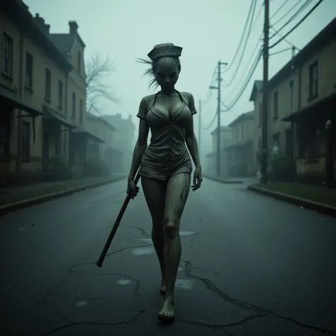**Prompt:** wide angle, Create a hyperrealistic digital artwork capturing the eerie atmosphere of a fog-laden, abandoned street in a Silent Hill-inspired town. The centerpiece of the scene is a grotesque, zombie-like female nurse with curvy features, exhib...