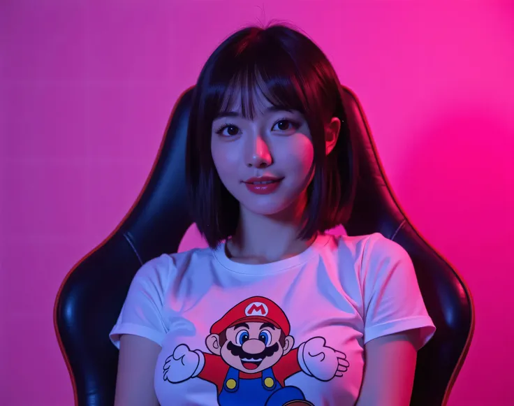 20-year-old Japanese woman with straight hair , short hair behind the ear , black hair , amber eyes , studio wearing a Mario Bros. T-shirt with giant breasts, fixed gaze at the spectator with a warm smile, Sitting in a gamer chair in a pink studio with dar...