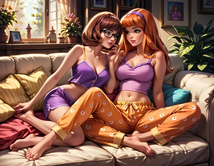 score_9, score_8_up, score_7_up, rating_questionable, 2girls, duo, beautiful waifu, mature women, (Daphne Blake, orange hair, wearing sexy pajamas, shorts, bare shoulders, bare arms, midriff, barefoot:1.4), and (Velma Dinkley, brown hair, wearing sexy paja...