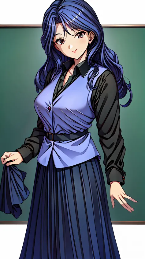 (super quality,super high resolution,16k,Super Masterpiece,Ultra HD ,detailed shading and background,)Sexy Female Teacher ,long black hair, long sleeve black shirt,Purple vest,The Valley of the Chest,cover,smile,Long Skirt,in front of the blackboard,