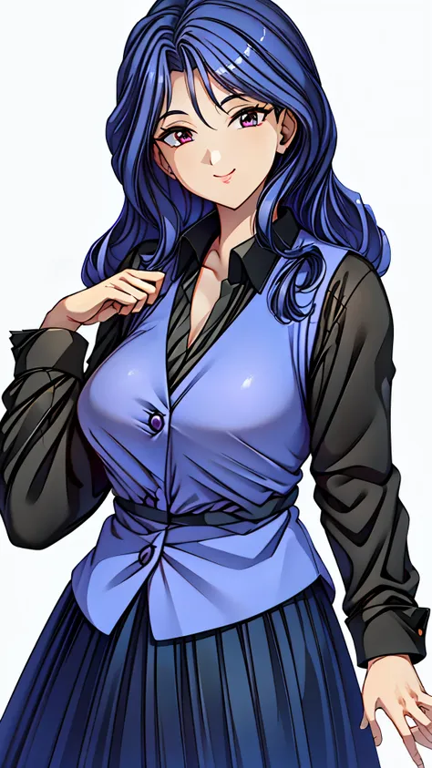 (super quality,super high resolution,16k,Super Masterpiece,Ultra HD ,detailed shading and background,)Upper body shot,Sexy Female Teacher ,long black hair, long sleeve black shirt,Purple vest,cleavage,cover,smile,Long Skirt,In the classroom,