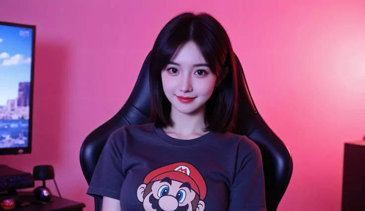 20-year-old Japanese woman with straight hair , short hair behind the ear , black hair , amber eyes , studio wearing a Mario Bros . T-shirt with giant breasts , fixed gaze at the spectator with a warm smile , Sitting in a gamer chair in a pink studio with ...