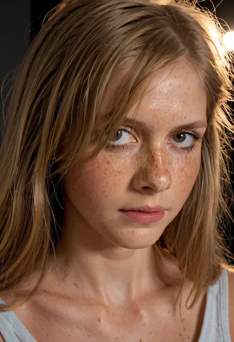 a young girl, skinny tween girl with 3/4 upper body, ((12yo)), freckles, dark blonde hair, photo-realistic, 8k, hyper detailed, masterpiece, cinematic lighting, natural skin texture, intricate details, cinematic lighting studio