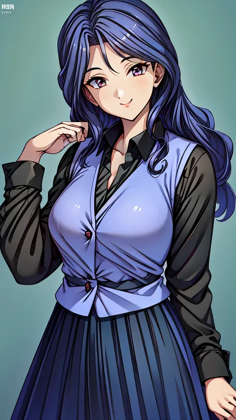 (super quality,super high resolution,16k,Super Masterpiece,Ultra HD ,detailed shading and background,)Upper body shot,Sexy Female Teacher ,long black hair, long sleeve black shirt,Purple vest,The Valley of the Chest,cover,smile,Long Skirt,in front of the b...