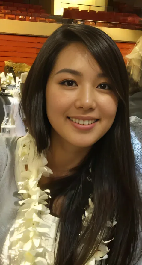 PORE LEVEL DETAIL!!!, WET SHINY SKIN!!, a Japanese girl (19yo), Smiling ((((PERFECT DETAILED FACIAL FEATURES)))), ((Light Freckles)) with a flower lei around her neck, LONG hair, wearing fitness gear, captivating and enticing , (Detailed perfect facial det...