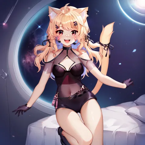 detailed, intricate details, FaceDetail, stunning, masterpiece, best quality, detailed eyes, vivid eyes, score_9, score_8_up, score_7_up, full body shot, in spaceship, space background, ,SquChan, 1girl, virtual youtuber, animal ears, cat ears, gloves, blon...