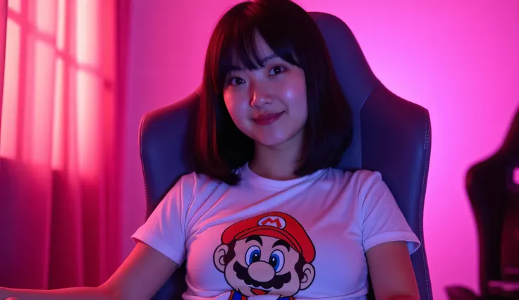 20-year-old Japanese woman with straight hair , short hair behind the ear , black hair , amber eyes , studio wearing a Mario Bros . T-shirt with giant breasts , fixed gaze at the viewer with a warm smile , Sitting in a gamer chair in a pink studio with dar...