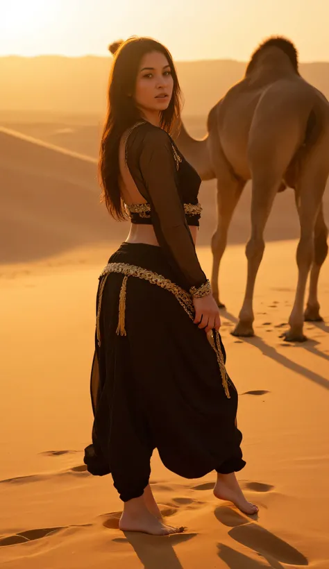 "A stunning woman with long, wavy black hair big Ass walks forward through the golden dunes of the Dubai desert at sunset. She wears an elegant black and gold Arabian-inspired outfit—her sheer, flowing top adorned with golden embellishments, a shimmering b...