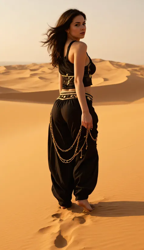 "A stunning woman with long, wavy black hair and big Ass walks gracefully through the golden dunes of the Dubai desert at sunset. he wears a mesmerizing black and gold Arabian-inspired outfit, featuring a sheer, flowing top with golden embellishments, a ma...