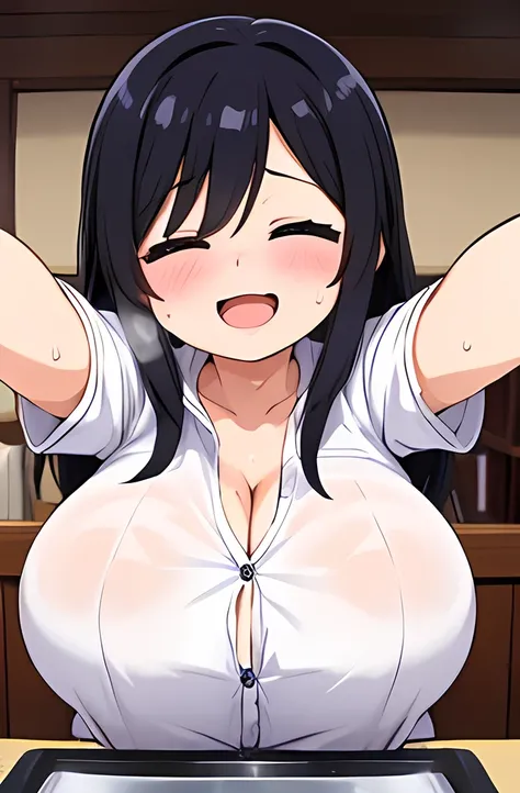(1girl),((milf))),black hair,(long hair),(((straight hair:1.3))),bangs,black eyes,茶色の瞳,(垂れ目),(half closed eyes),toll stature,(huge breasts),(sagging breasts),ぽっちゃり,,((white blouse)),胸の谷間,(((big smile))),(naughty face),(((in heat))),open mouth,(((steam))),(...
