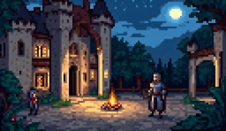 Create a detailed image prompt for a highly detailed pixel art scene inspired by classic dark fantasy RPGs. The scene should evoke a sense of calm, nostalgia, and adventure, with warm lighting, intricate shading, and a serene atmosphere. Use the following ...