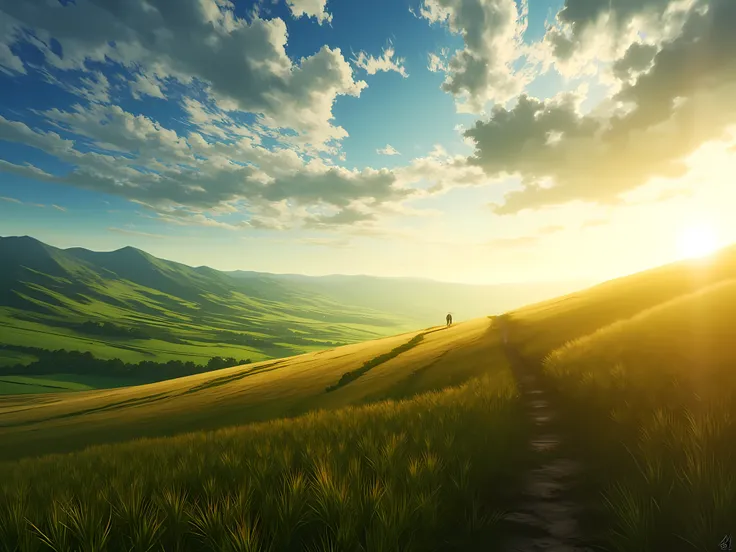 Masterpiece, highly detailed, grand open landscapes, melancholic beauty, cinematic realism.
A breathtaking, endless landscape, untouched by civilization, stretching beyond the outer walls. Rolling green fields, golden wheat fields swaying in the wind, and ...