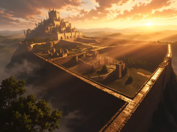 
A massive fortified city, surrounded by towering stone walls, stretching endlessly into the horizon. The golden light of dawn illuminates the colossal structure, casting long shadows over the cobblestone streets below. In the distance, the silhouette of a...
